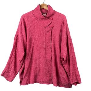 URU Pink 100% Silk Crinkle Floral Jacquard Asymmetric Button Jacket Lagenlook